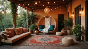 Boho Patio: Your Ultimate Guide to Creating a Dreamy Outdoor Sanctuary Cinematic wide-angle shot of a luxurious bohemian patio at golden hour, featuring a suspended rattan egg chair with macramé throw, layered vintage Kilim rugs, brass Moroccan lanterns, and abundant cascading plants, all enhanced by warm ambient lighting and shallow depth of field.