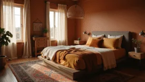 Warm Bedroom Ideas: Crafting Your Ultimate Cozy Retreat Cinematic view of a luxurious bedroom featuring a king-sized platform bed with layered ochre linen and ivory cable-knit bedding, surrounded by warm terracotta walls, sheer ivory curtains, and a vintage Persian rug, all illuminated by golden hour light.