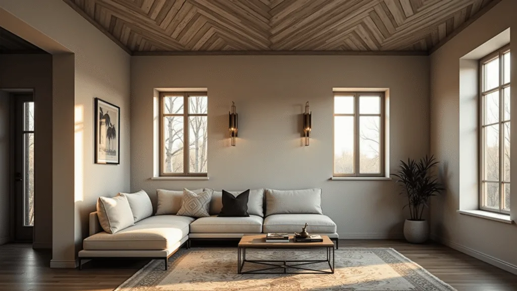 Accent Ceiling Ideas: Transform Your Fifth Wall into a Showstopper Cinematic wide-angle shot of a luxury living room with a weathered gray cypress herringbone ceiling, cream linen sectional sofa, and vintage Persian rug, illuminated by golden hour light through floor-to-ceiling windows.