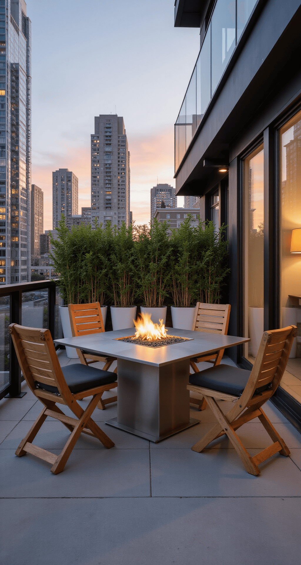 Eye-level view of a modern balcony featuring a multifunctional brushed stainless steel fire pit table, foldable eucalyptus chairs with charcoal cushions, and white ceramic planters with bamboo, set against a city backdrop at sunset, illuminated by warm recessed lighting.