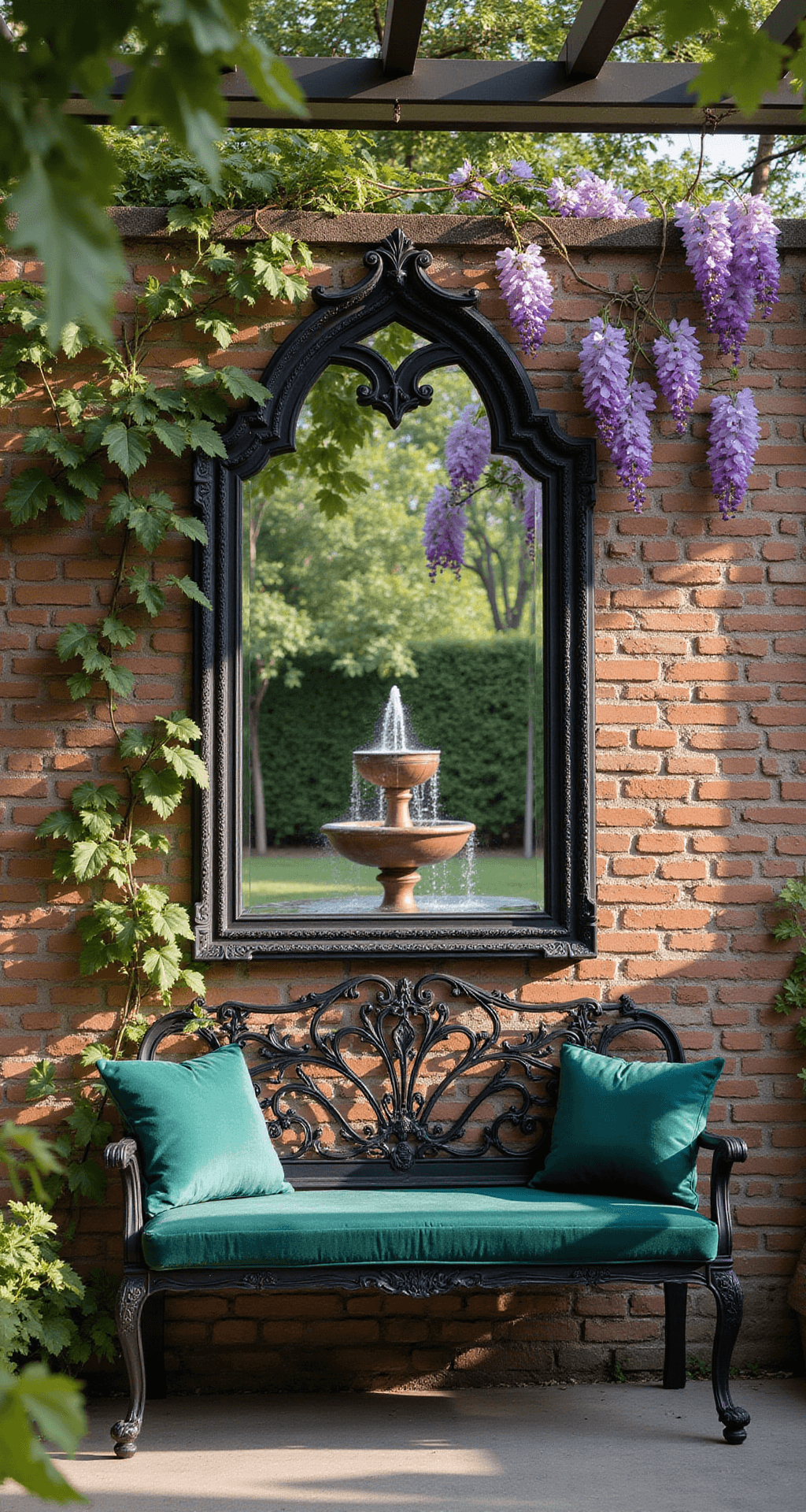 A wide-angle view of a Gothic-inspired garden corner at golden hour, featuring a weathered brick wall with an arched mirror framed in ornate black metalwork. Climbing roses and ivy adorn the mirror, reflecting a copper water fountain surrounded by purple wisteria. In the foreground, a vintage wrought-iron bench with deep emerald crushed velvet cushions sits under a pergola, with dappled sunlight creating soft shadows. Shot from ground level with a shallow depth of field.