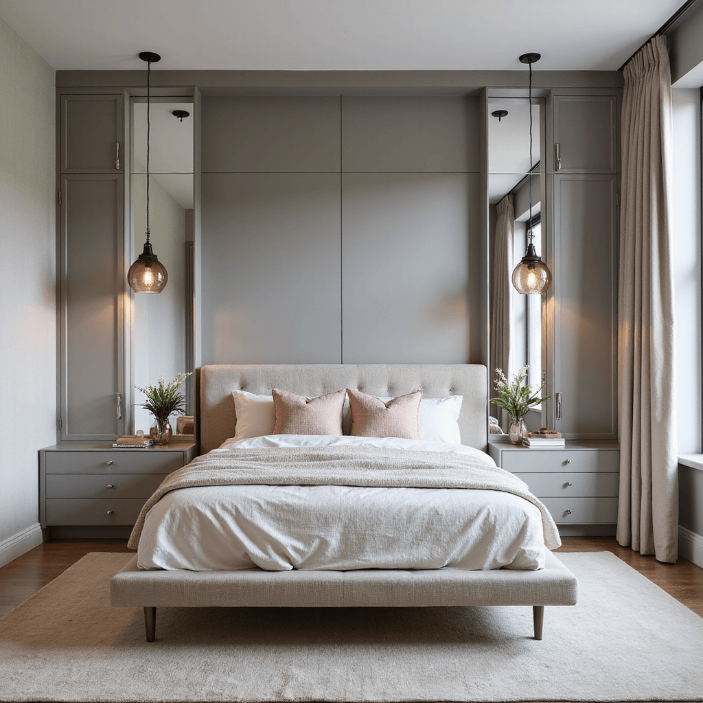 Smart Bedroom Ideas for Small Rooms: Transform Your Tiny Space into a Stylish Sanctuary A bright 10'x11' bedroom with floor-to-ceiling dove gray wardrobes, a floating queen bed with integrated nightstands, asymmetrical smoked glass pendant lights, and a color scheme of warm gray with blush and ivory accents, featuring bouclé upholstery and natural linen bedding, all captured from an elevated angle to highlight the design.