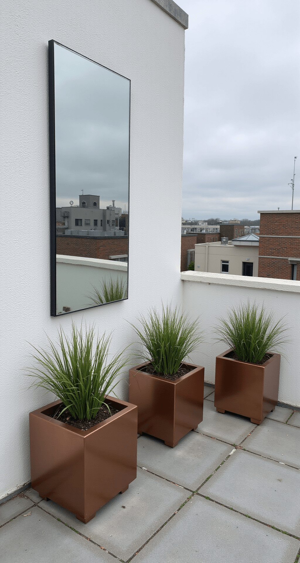 A modern rooftop garden featuring a minimalist frameless mirror reflecting a geometric container garden with concrete planters, accented by copper-toned planters with grass, set against a white stucco wall and square-cut limestone pavers, captured from a high angle in bright, even lighting.