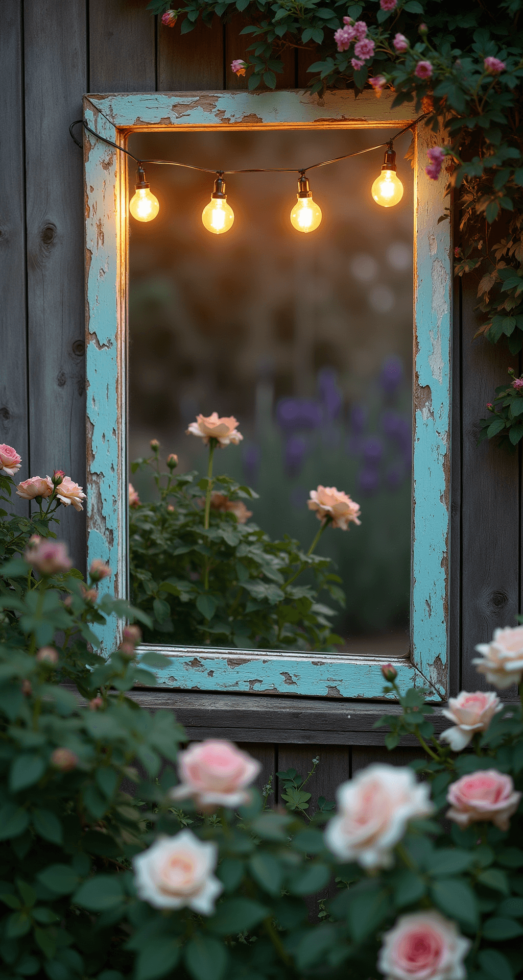 A vintage French window frame repurposed as a mirror, surrounded by heritage rose bushes and reflecting an antique iron garden gate and a lavender patch, softly illuminated by warm Edison bulb string lights at dusk.