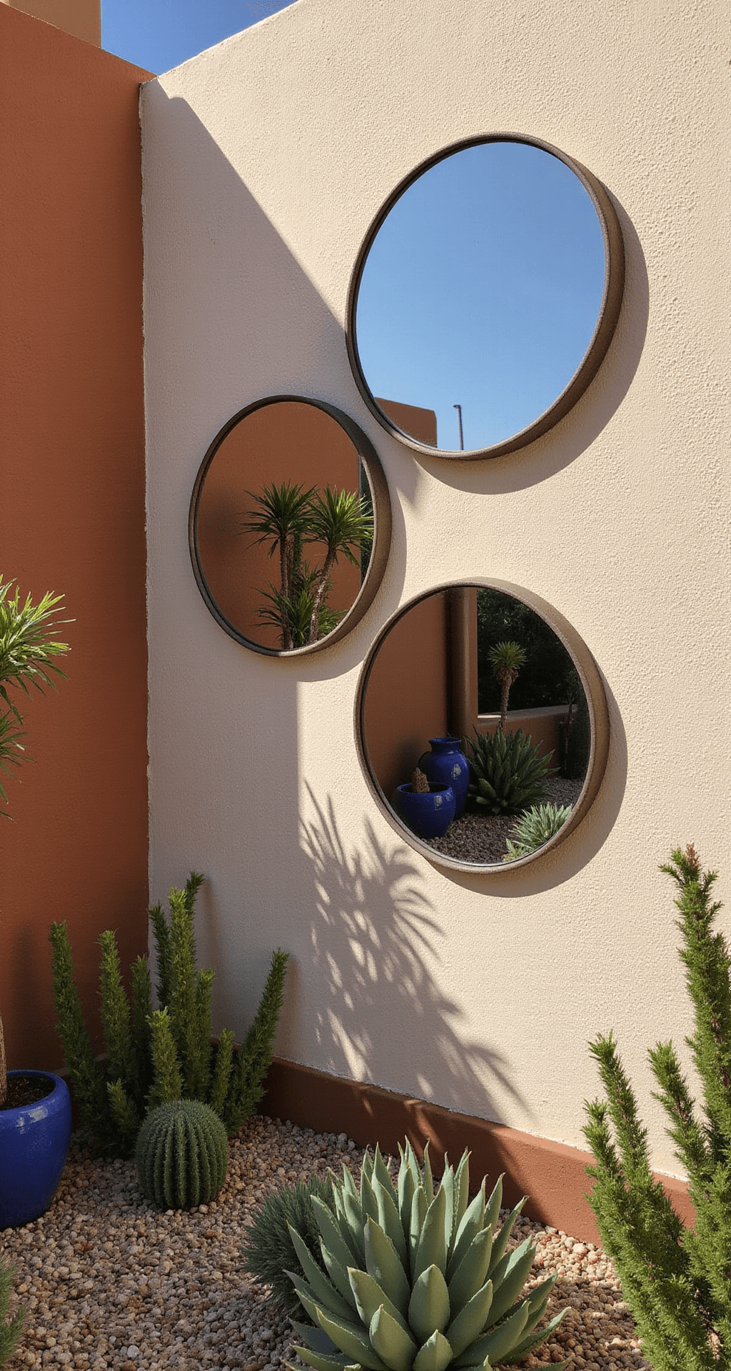 A low-angle view of a Mediterranean courtyard featuring three convex mirrors mounted on a terracotta wall, reflecting a vibrant succulent garden and cobalt blue pottery. The whitewashed walls contrast with earthy tones, while strong lighting highlights the curves of the mirrors and captures the blue sky in the top mirror.