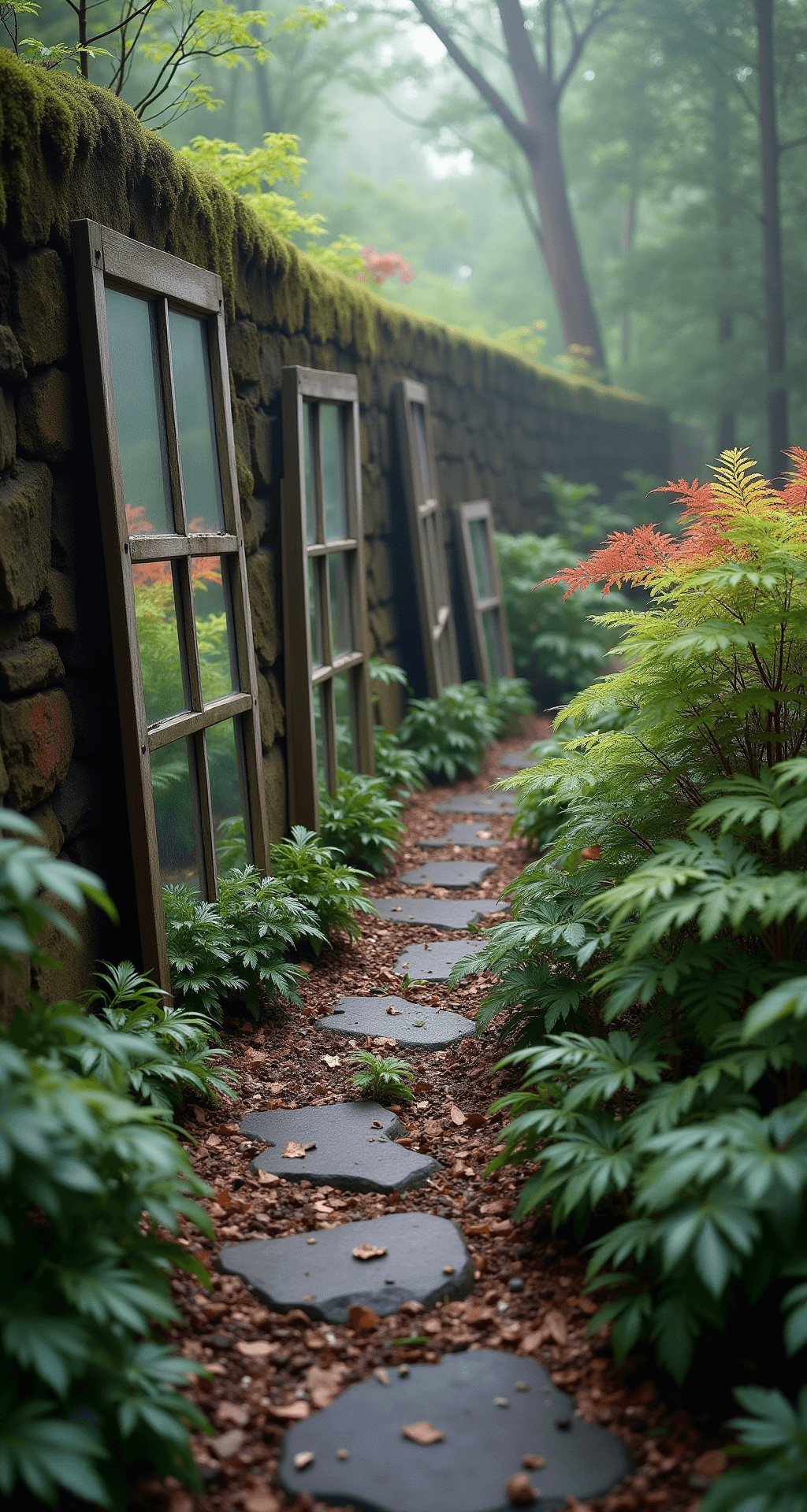 A serene woodland garden path at 7am, shrouded in morning mist. Reclaimed window mirrors of various sizes line a moss-covered stone wall, reflecting lush native ferns and delicate Japanese maples. The scene is bathed in cool, diffused light filtering through the tree canopy, viewed from the path perspective with a medium telephoto lens for depth compression.