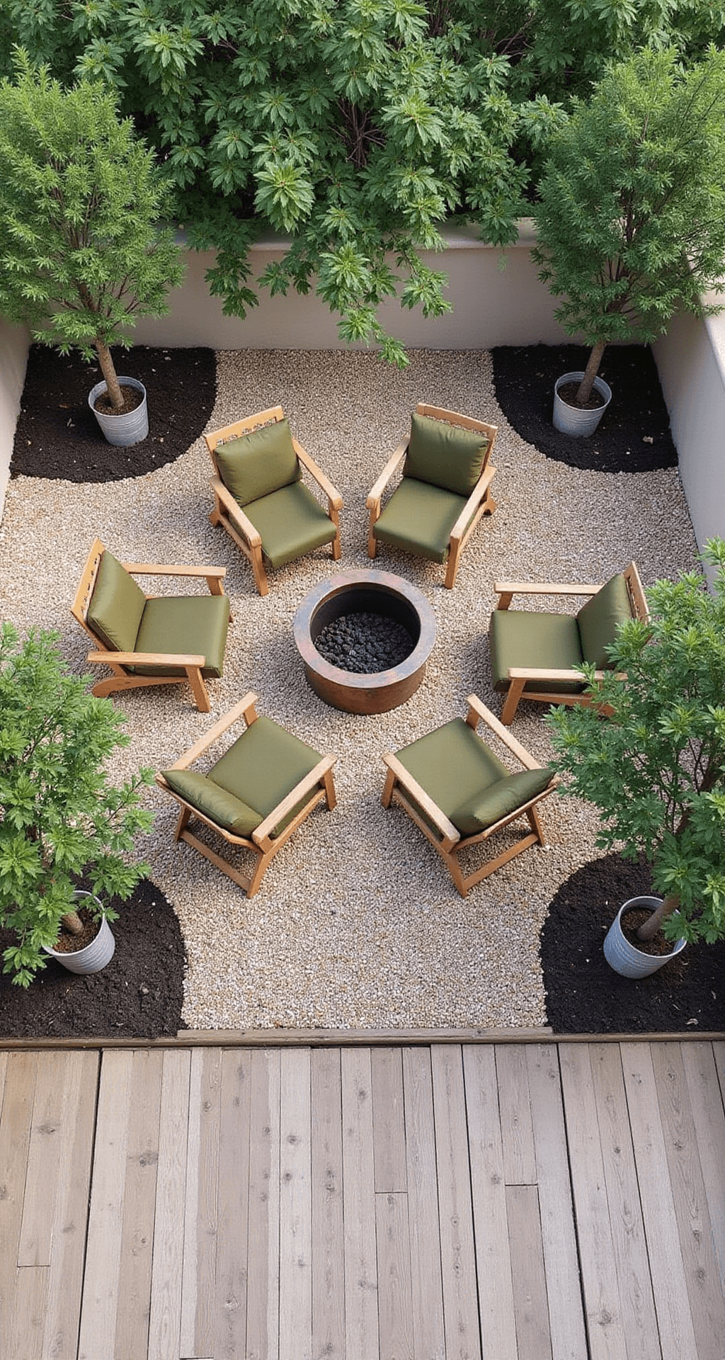 Overhead view of a 15x15ft courtyard featuring a copper patina fire pit, concentric gravel circles, teak lounge chairs, and potted citrus trees, showcasing an eclectic and artistic layout in late afternoon light.
