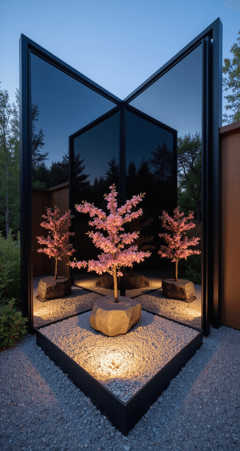 A tranquil modern Zen garden corner at twilight featuring a floor-to-ceiling mirror panel reflecting a minimalist rock garden and a cherry blossom tree, with meticulously raked gravel patterns leading the eye and subtle LED lighting illuminating the scene from below.