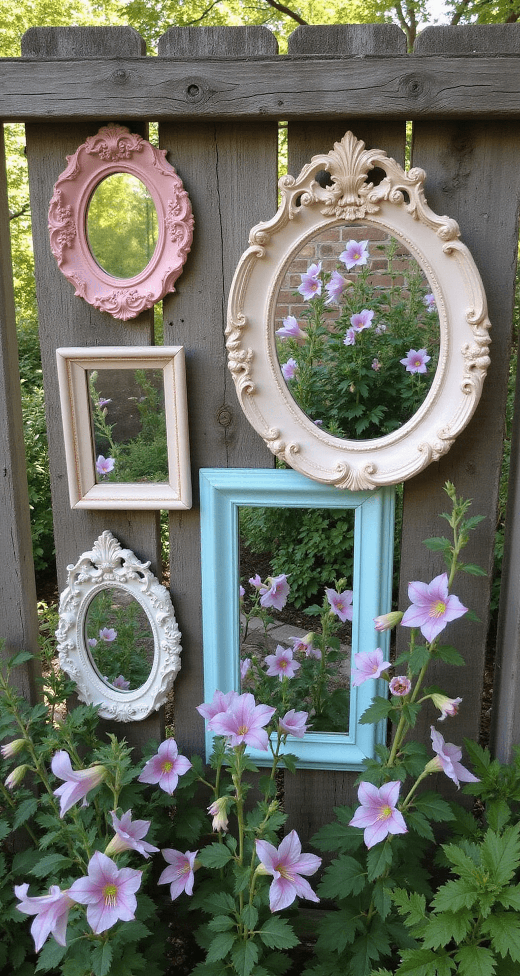 A collection of five vintage mosaic mirrors in soft pastels arranged on a weathered fence, reflecting a cottage garden filled with foxgloves, delphiniums, and climbing roses, with morning dew adding sparkle, captured in macro detail at early morning.