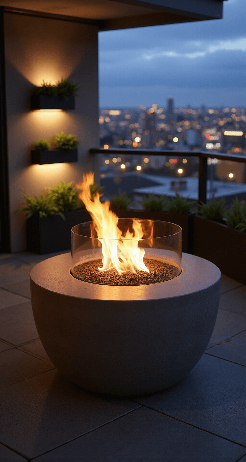 Close-up of a modern tabletop fire feature in a concrete bowl surrounded by a glass guard, set on a small apartment terrace with minimal matte black furniture and cascading silver falls dichondra planters, illuminated by evening fire glow and city lights in the background.