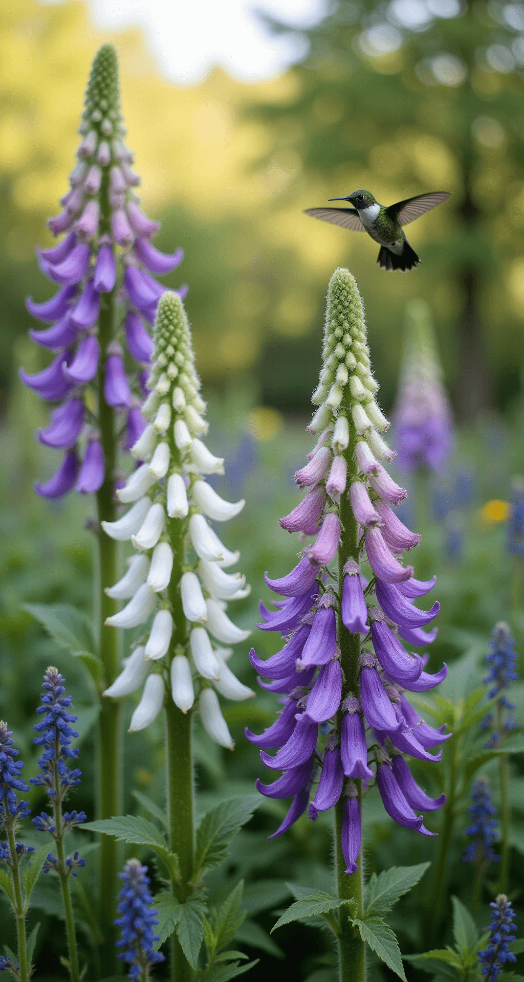 Close-up of a garden vignette featuring layered wildflowers with tall Cleome spires behind shorter purple and white Columbine blooms, showcasing fuzzy plant stems, delicate petals, and morning dew, with a hummingbird hovering near tubular flowers and a natural bokeh effect in the background.