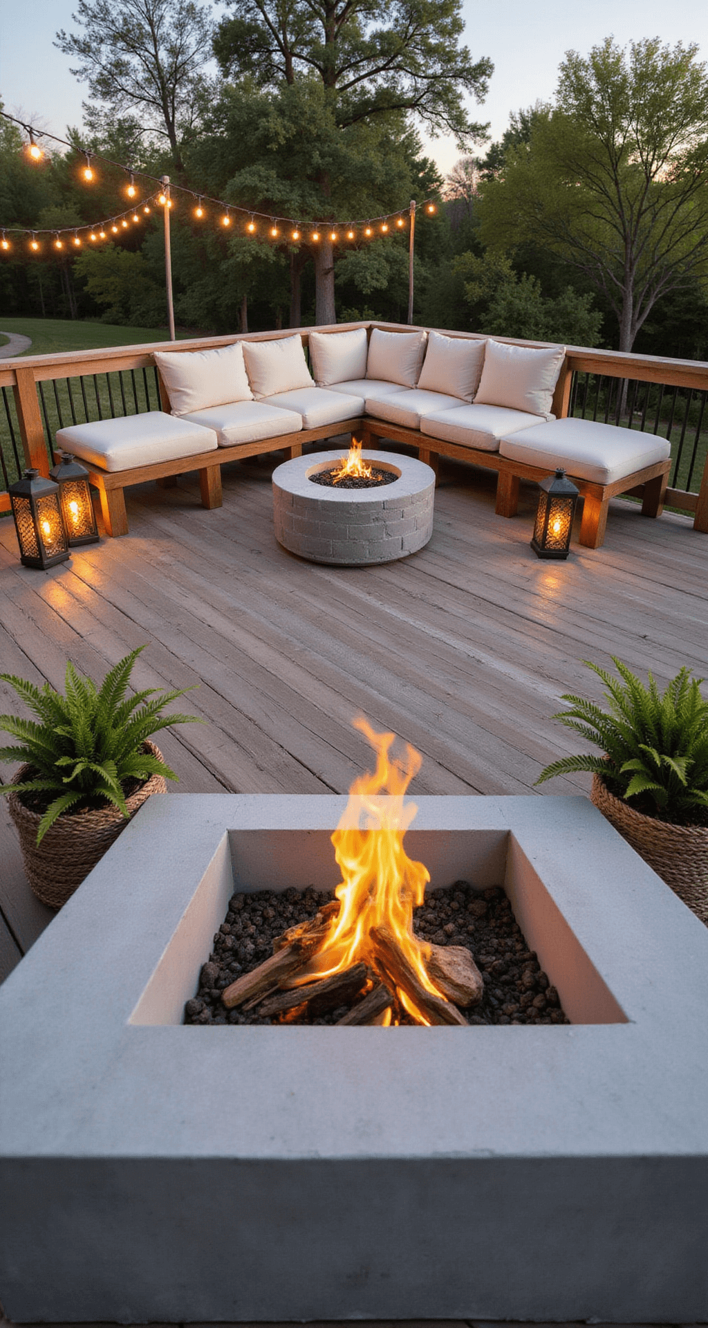 A corner composition of a 12x12ft coastal modern deck featuring a modular light gray concrete block fire pit, weathered cedar L-shaped bench with ivory cushions, Moroccan lanterns, copper string lights, and Boston ferns in rope-wrapped planters, captured from a raised perspective during golden hour.