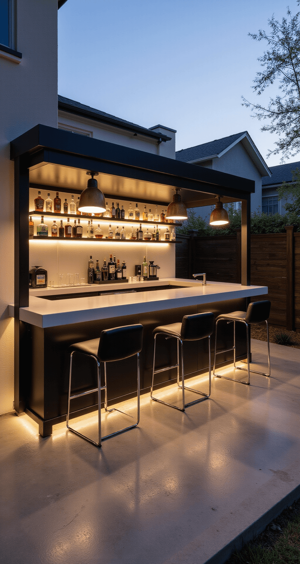 A modern minimalist patio bar at golden hour, featuring a floating L-shaped bar with a matte black metal frame and white quartz countertop, three chrome bar stools with black leather seats, and backlit glass shelving displaying spirits, all set on a textured concrete patio with dramatic shadows.