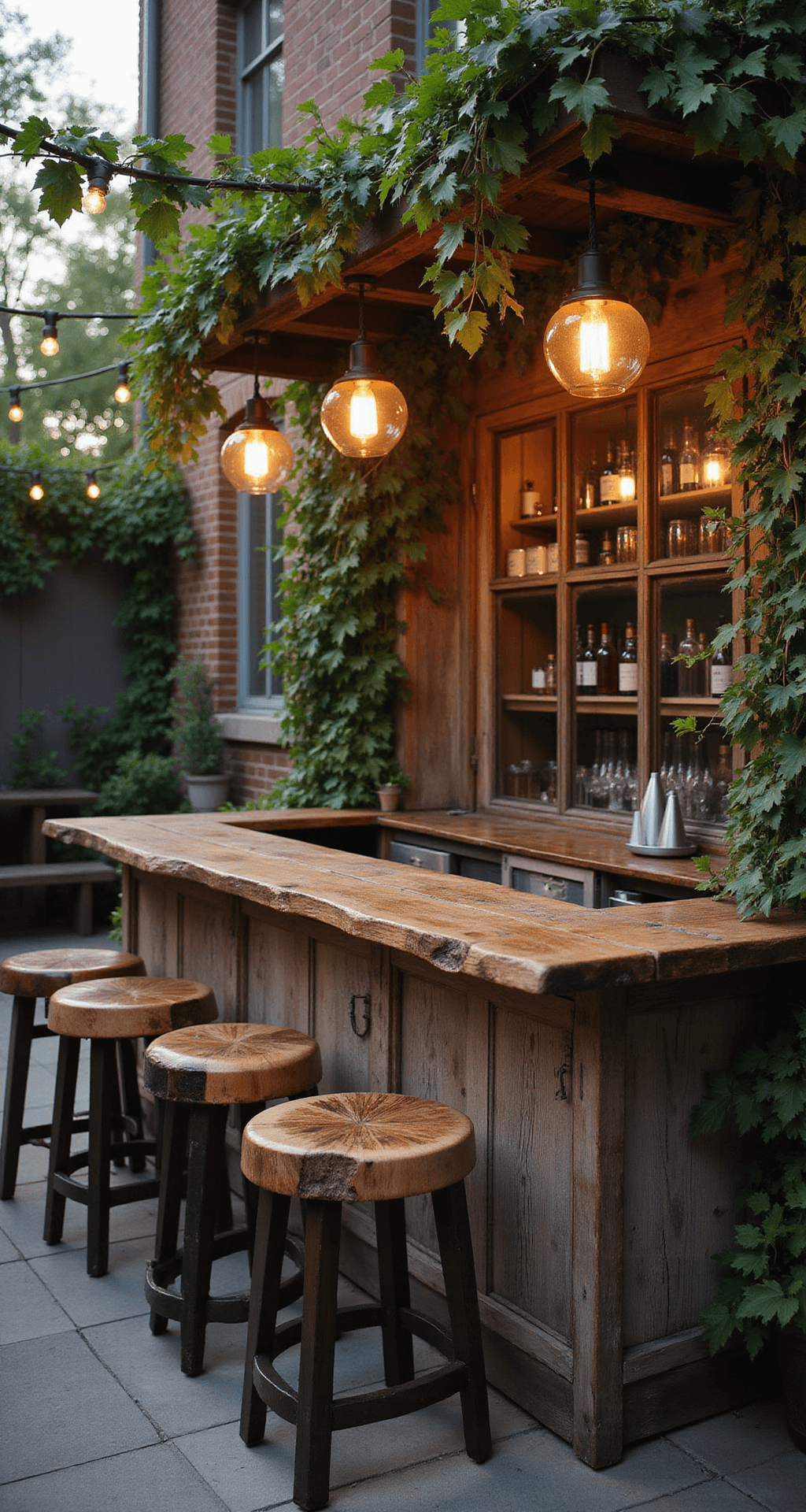 Intimate rustic patio bar at magic hour with a weathered barn wood bar and live edge countertop, surrounded by organic-shaped tree trunk stools. Vintage copper pendant lights illuminate the space, framed by climbing vines and a reclaimed window backdrop, in an earthy color palette.