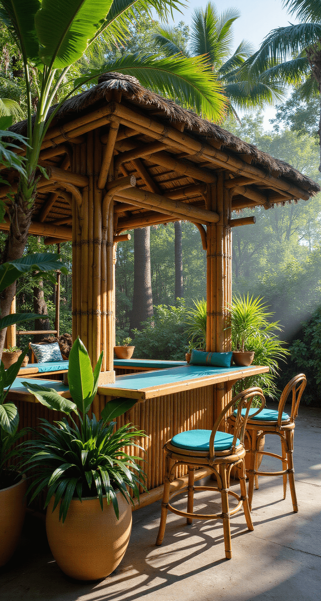 A high-angle shot of a tropical patio bar with a thatched roof pavilion, featuring a custom bamboo bar, overflowing planters with monstera and palm fronds, and rattan stools with turquoise cushions, dappled sunlight filtering through palm leaves, set in an emerald green and azure blue color scheme with an atmospheric haze.