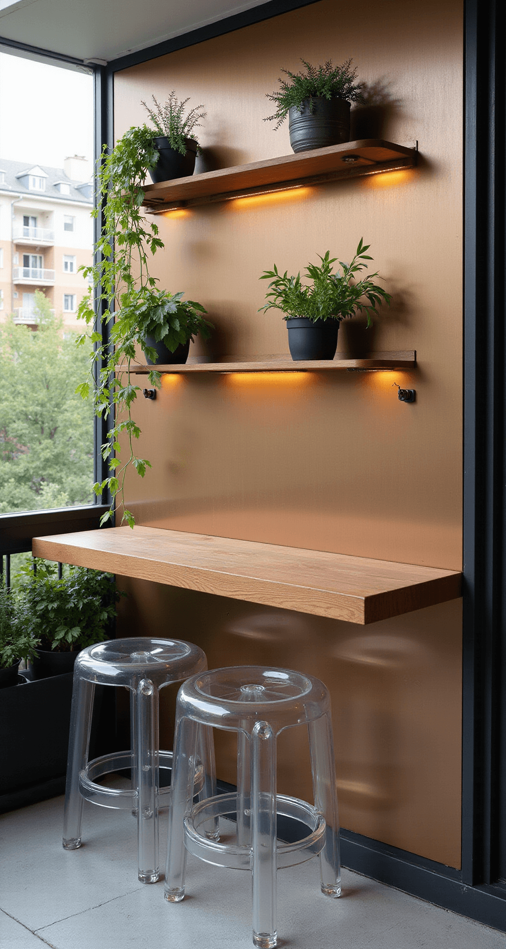 A space-saving wall-mounted patio bar on an urban balcony, featuring a fold-down teak surface against a metallic bronze wall, with two tucked acrylic stools, LED-lit glass shelving, and potted herbs, all captured in soft morning light.