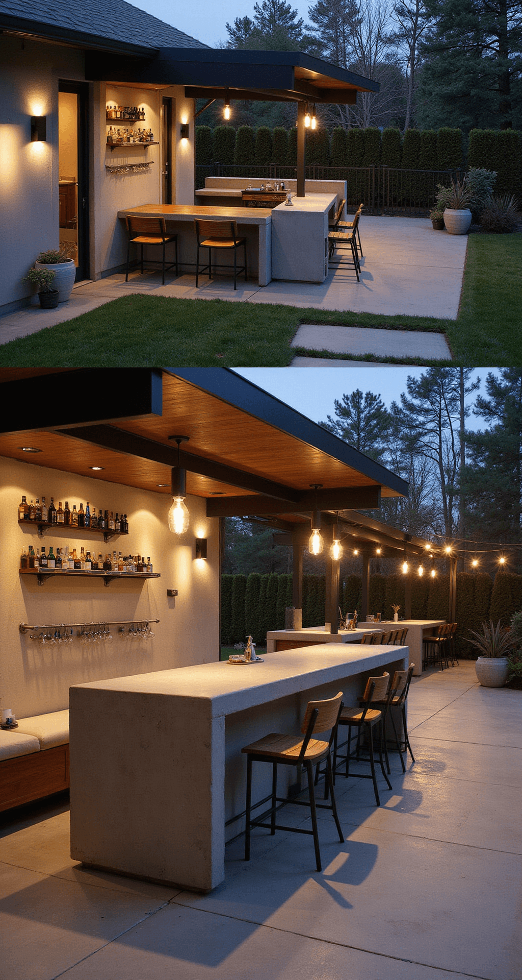 Wide-angle view of a multifunctional patio bar at twilight, featuring a modular concrete bar system with integrated bench seating, weatherproof cushions, and hidden storage. The scene showcases an industrial-meets-organic aesthetic with smooth concrete, rich teak, and brushed steel, illuminated by architectural sconces that create a moody yet practical ambiance.