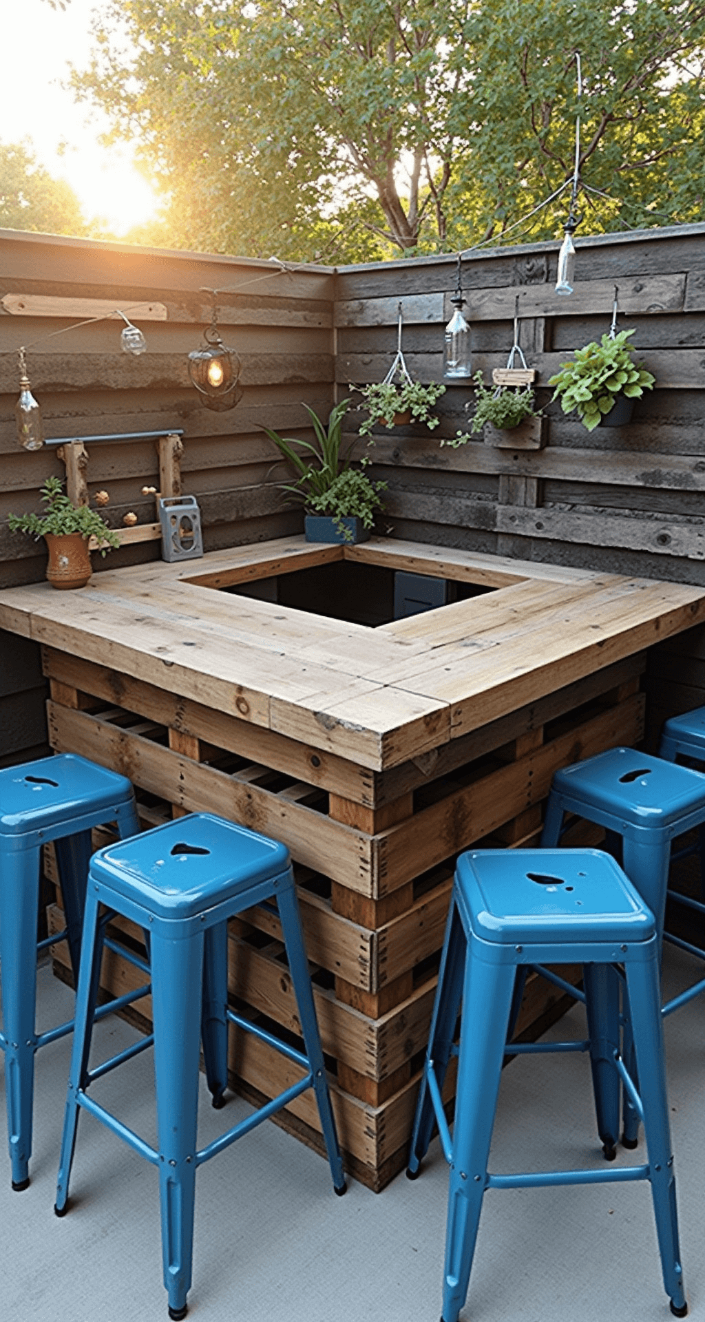 A cozy budget-friendly DIY pallet bar on a 10x12ft patio, featuring an L-shaped design made of stacked shipping pallets. The scene includes whimsical mason jar pendant lights, vintage coastal blue metal stools, and a herb garden wall for fresh garnishes, all bathed in warm golden hour light with string lights adding a warm glow.