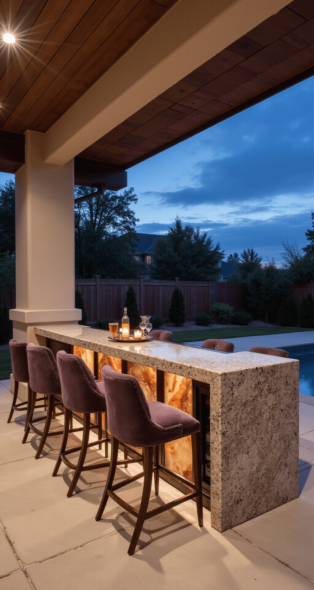 Luxury patio bar at dusk featuring a custom stone bar with waterfall edge quartz, plush velvet bar stools, and dramatic backlit onyx panels, all set in a sophisticated palette of creamy stone, warm bronze, and deep aubergine, captured with telephoto compression.