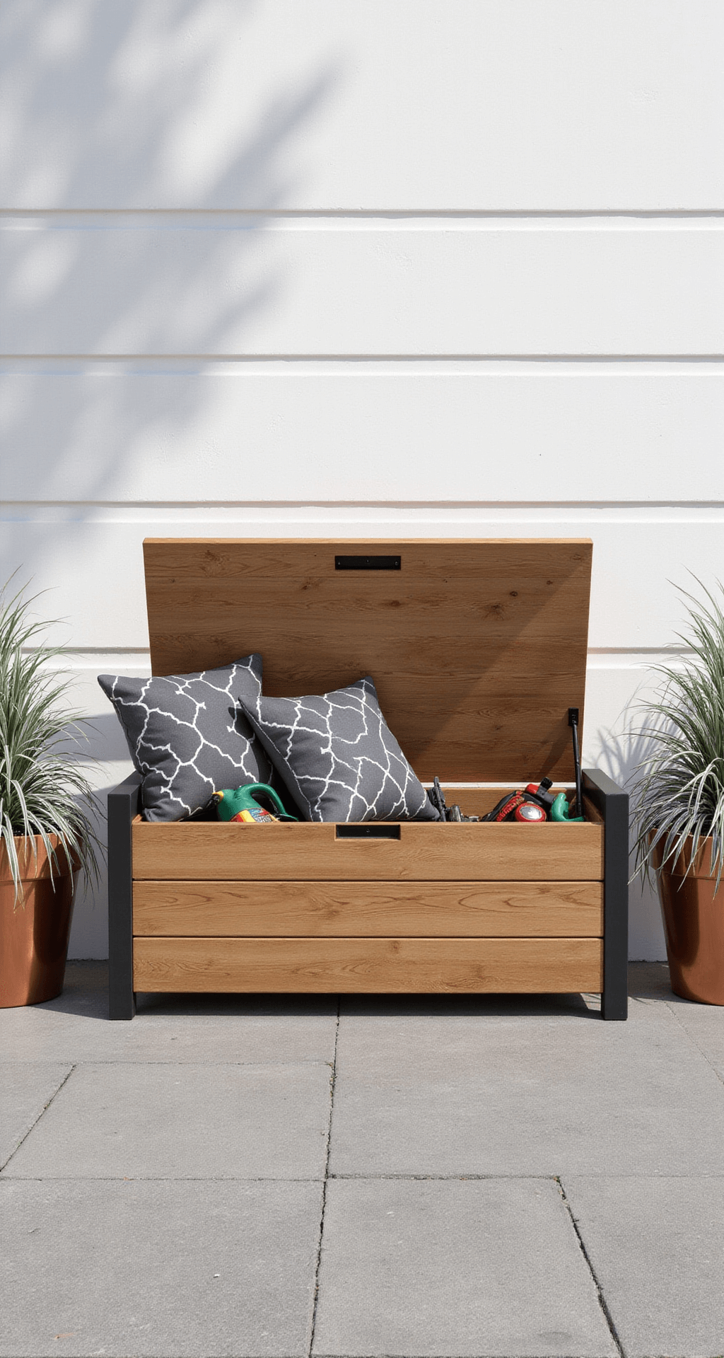 A modern patio with a teak storage bench and matte black hardware against a white stucco wall, illuminated by morning light. The bench lid is partially open, showing organized garden tools, while charcoal grey cushions with geometric patterns rest on top. Flanking copper planters display cascading silver dichondra, captured straight-on at bench height.