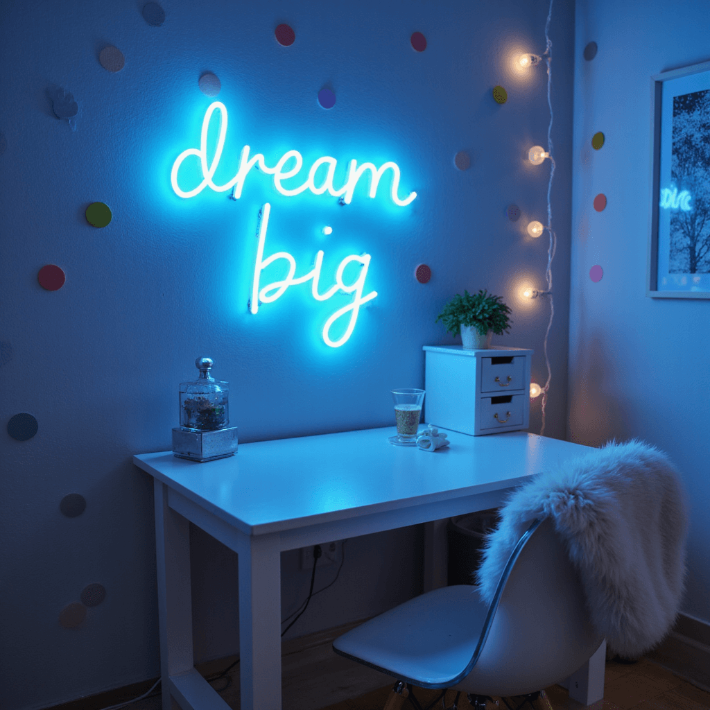 Cute Bedroom Ideas: Transform Your Space into a Dreamy Retreat A cozy teen bedroom at dusk, featuring a glowing blue neon sign that says 'dream big' above a white desk, pastel polka dot wall decals, a lucite chair with a faux fur throw, and softly blurred string lights in the background.