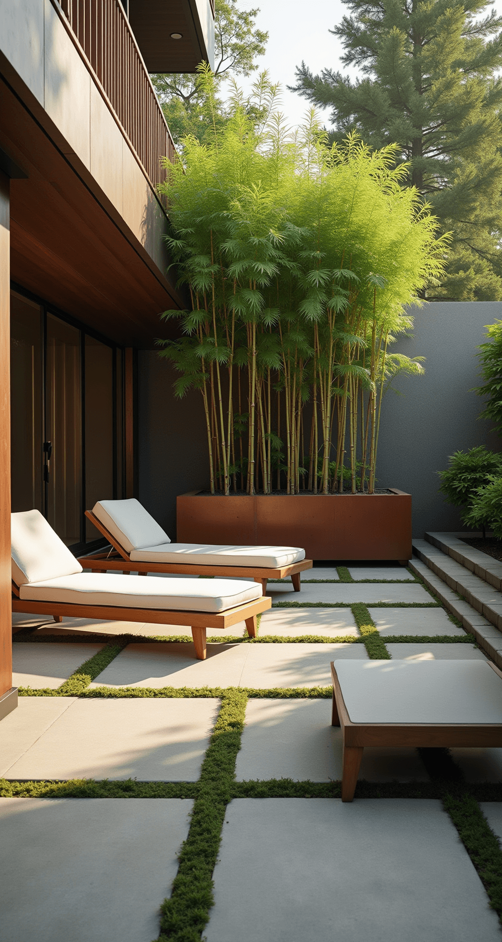 Modern Japandi terrace in morning light featuring low teak loungers with cream cushions, geometric concrete pavers with moss, and a sculptural bamboo grove in a raised Corten steel planter, showcasing natural textures and a warm color palette of beige, charcoal, and forest green.
