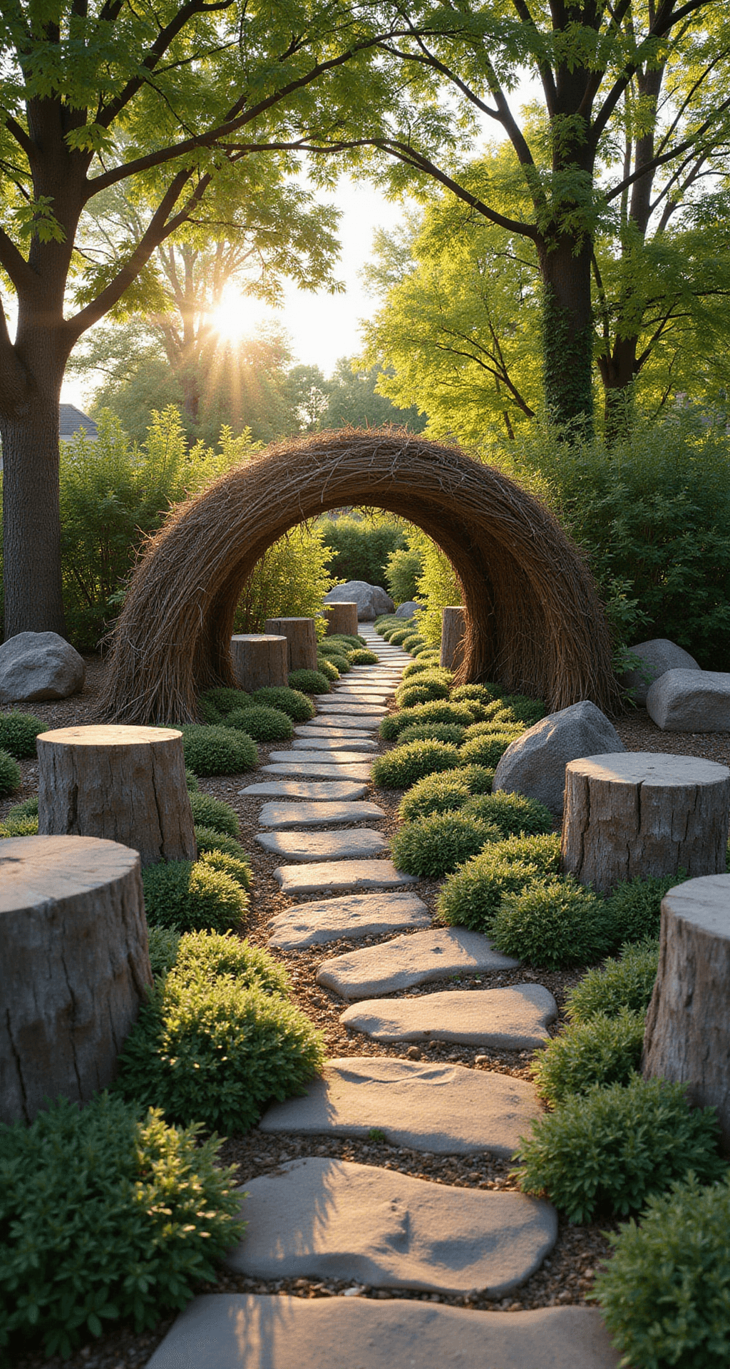 A golden hour view of a sunlit backyard garden featuring weathered oak tree stumps, woolly thyme ground cover, a curved willow tunnel with climbing jasmine, and dappled sunlight filtering through mature maple trees, all captured at child's eye level for a dreamy, enchanted atmosphere.
