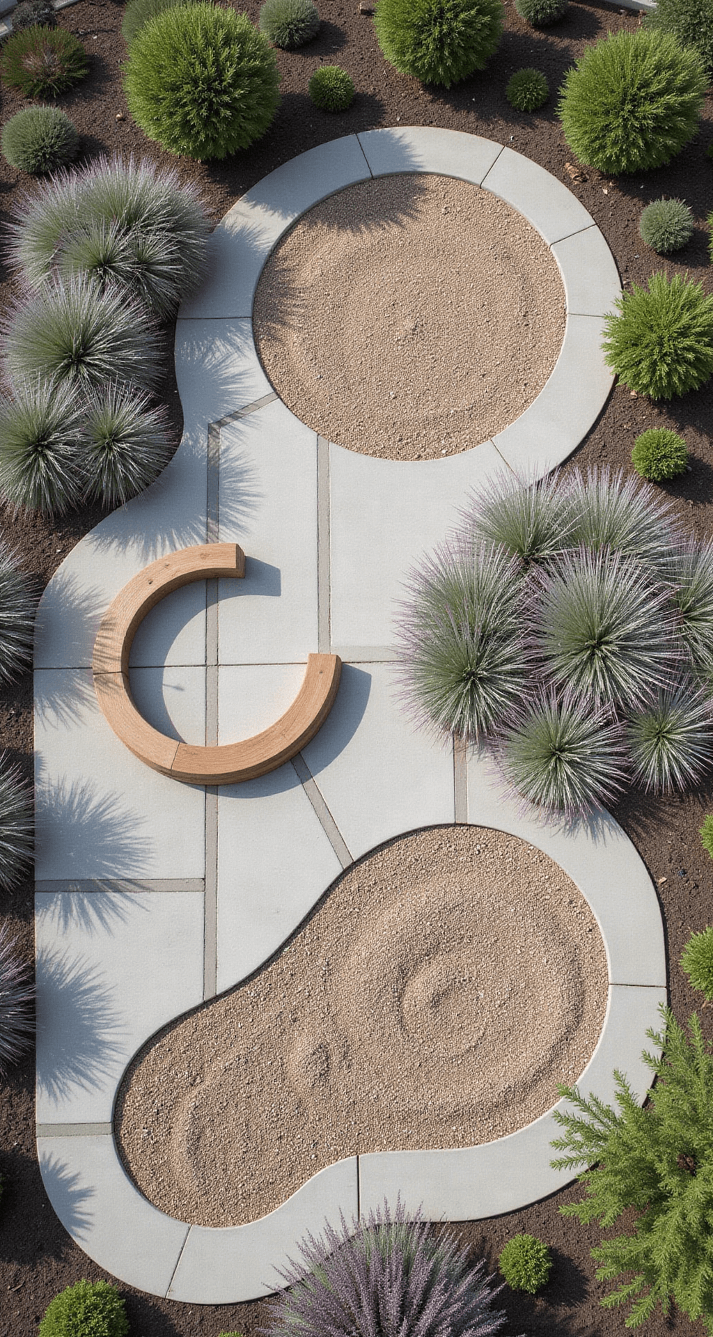 Aerial view of a 40x40ft multi-zone garden featuring a circular gravel patio, natural sandpit bordered by curved cedar benches, and figure-8 scooter track made of geometric concrete pavers, surrounded by drought-resistant ornamental grasses in silver and purple hues, styled in modern minimalist aesthetics with a neutral color palette.