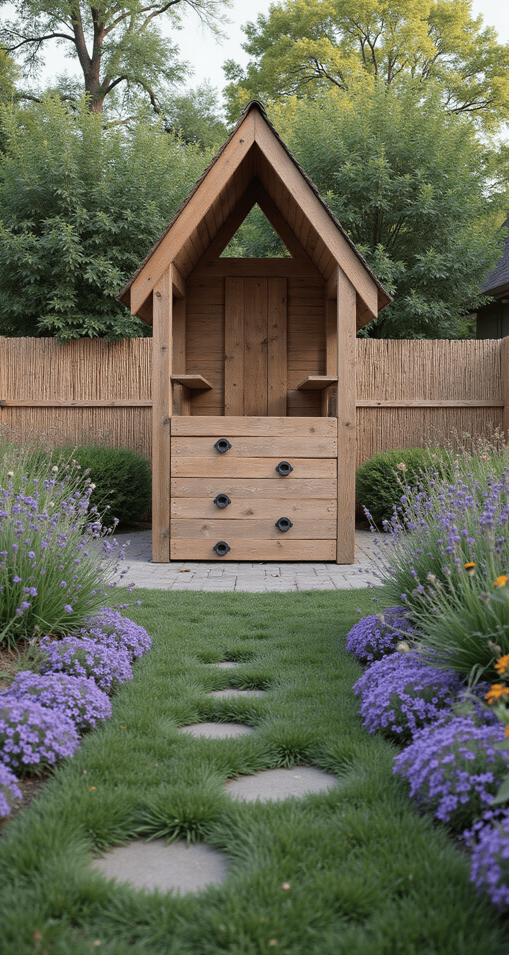 Eye-level view of a charming wooden playhouse with climbing wall in a prairie-style garden, surrounded by purple coneflowers and black-eyed susans. Natural bamboo screening provides subtle boundaries, with soft morning light highlighting rustic textures. Earth-toned palette with vibrant wildflower colors.