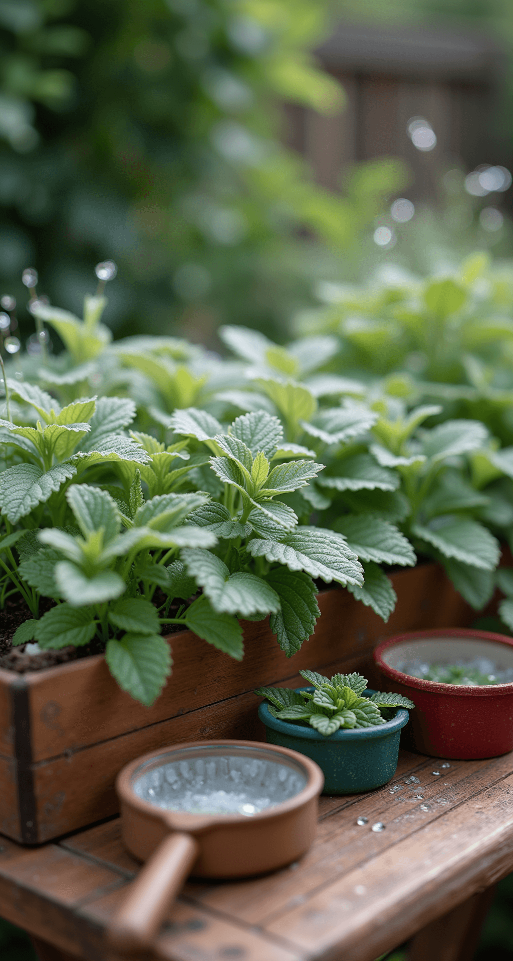 Close-up of a garden sensory play area in the morning, featuring dew-covered lamb's ear plants, a raised cedar planter with strawberries and mint, and a child-sized wooden work table with collecting baskets and magnifying glasses, illuminated by soft light that highlights the textures of the plants and water droplets.