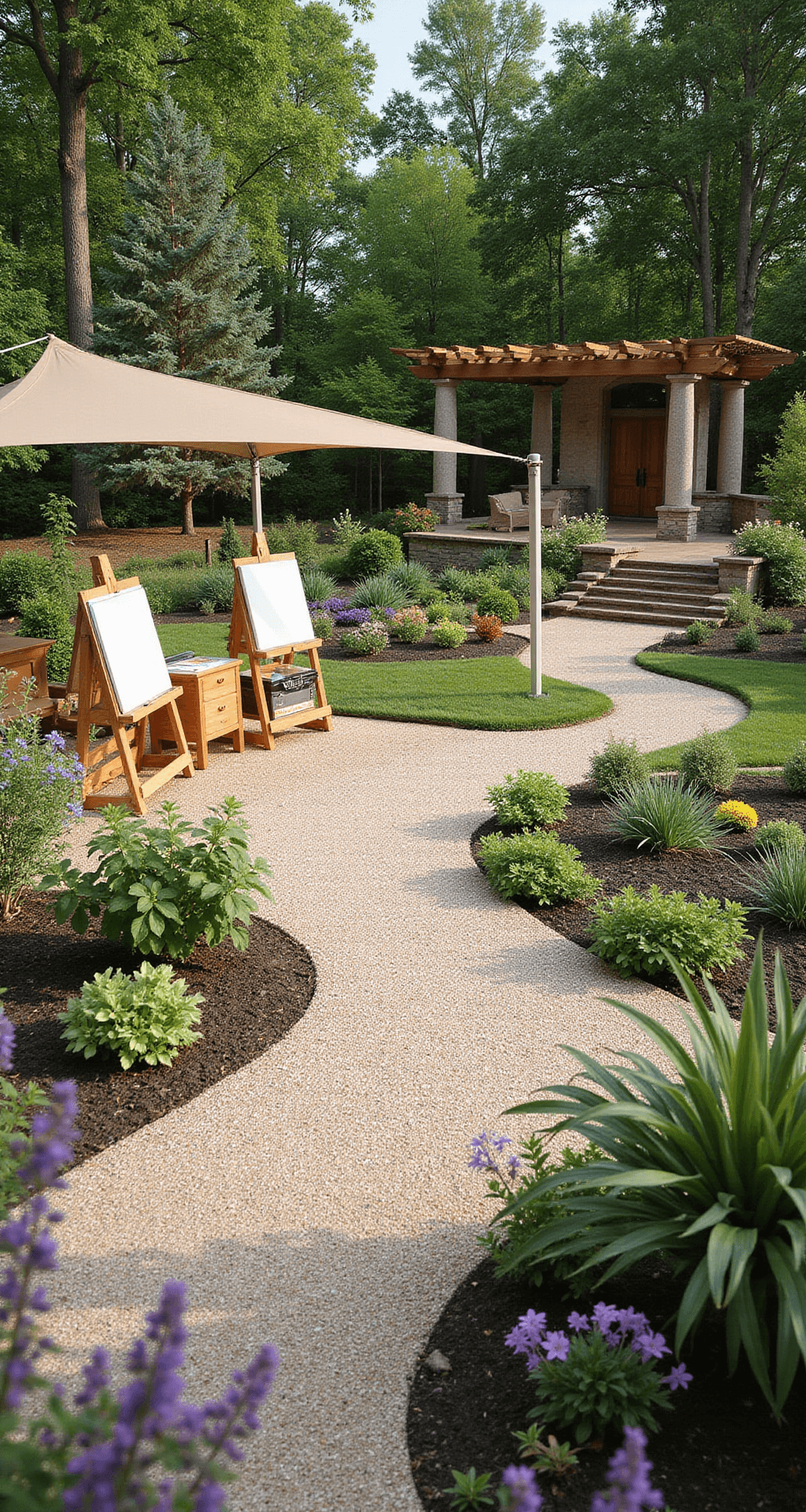 A comprehensive family garden layout featuring distinct activity zones connected by curved paths, with an outdoor art station in the foreground, raised vegetable beds, and a butterfly garden in the background; includes architectural elements like a pergola and built-in seating, all captured in bright, saturated colors.