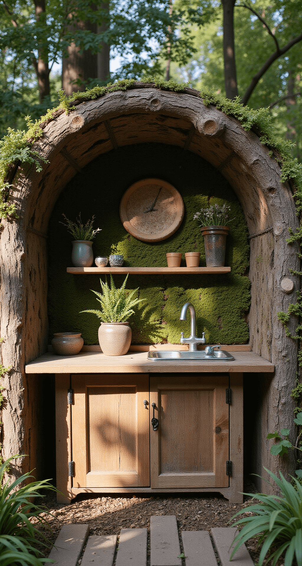 Detail shot of a whimsical children's garden nook featuring a mud kitchen with a reclaimed sink and wood counters, framed by a natural branch archway and illuminated by late afternoon light, highlighting the textures of bark, stone, and foliage in an earthy palette.