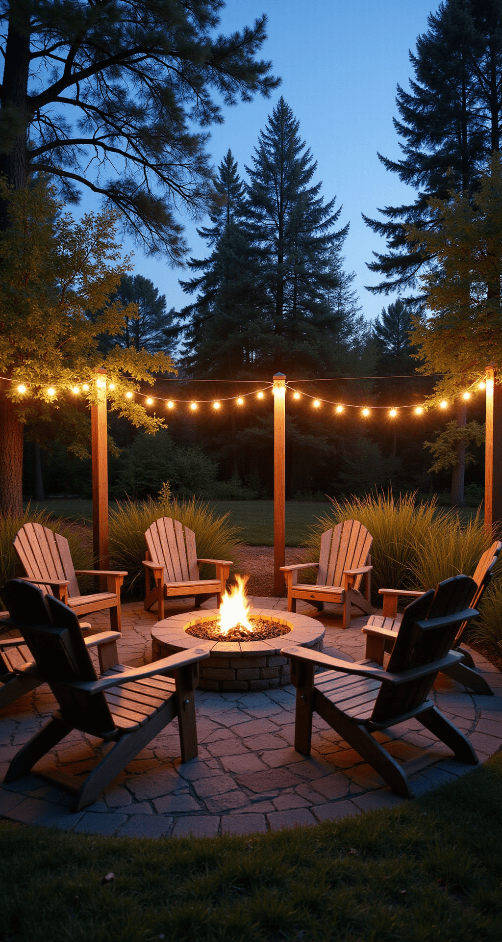 A cozy family entertainment space during twilight, featuring string lights overhead, Adirondack chairs around a fire pit, and children's play zones, with warm artificial lighting contrasting the cool blue hour ambiance.