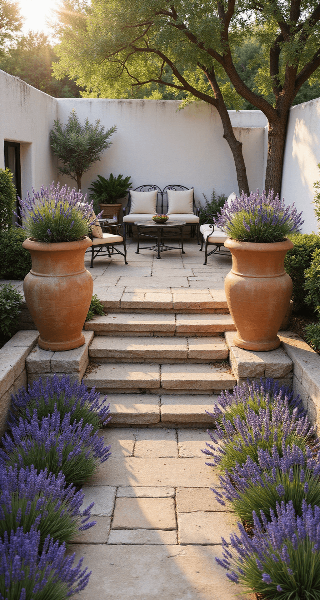 A sunlit Mediterranean garden terrace with weathered terracotta planters filled with lavender, whitewashed walls, and ancient olive trees, featuring wrought iron furniture, all bathed in warm golden-hour light and casting long shadows across the stone pavers.