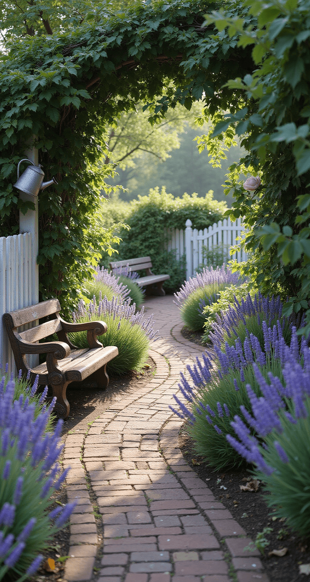 A low-angle view of a curved, weathered brick pathway in a cottage garden, bordered by lush English and French lavender under morning light, with a white picket fence and climbing roses. Vintage zinc watering cans and aged wooden benches add charm, while morning dew glistens on lavender buds, creating a romantic and ethereal atmosphere.