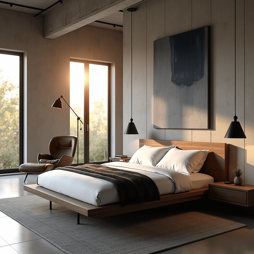 Bedroom Ideas for Men: Design a Sophisticated Sanctuary That Screams Success A modern minimalist bedroom with a dark walnut platform bed dressed in white linen, bathed in golden hour sunlight, featuring a concrete wall with an abstract canvas, black metal pendant lights, and a leather Eames lounge chair.