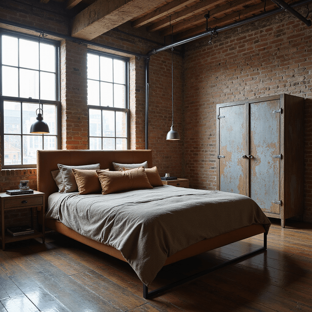 Bedroom Ideas for Men: Design a Sophisticated Sanctuary That Screams Success Industrial chic loft bedroom featuring exposed brick walls, factory-style windows, and a weathered leather king bed with granite-colored linens. Vintage steel pendant lights and raw wood floating nightstands enhance the space, while a distressed metal wardrobe adds charm. Early morning light casts geometric shadows, emphasizing the room's textures and architectural details.
