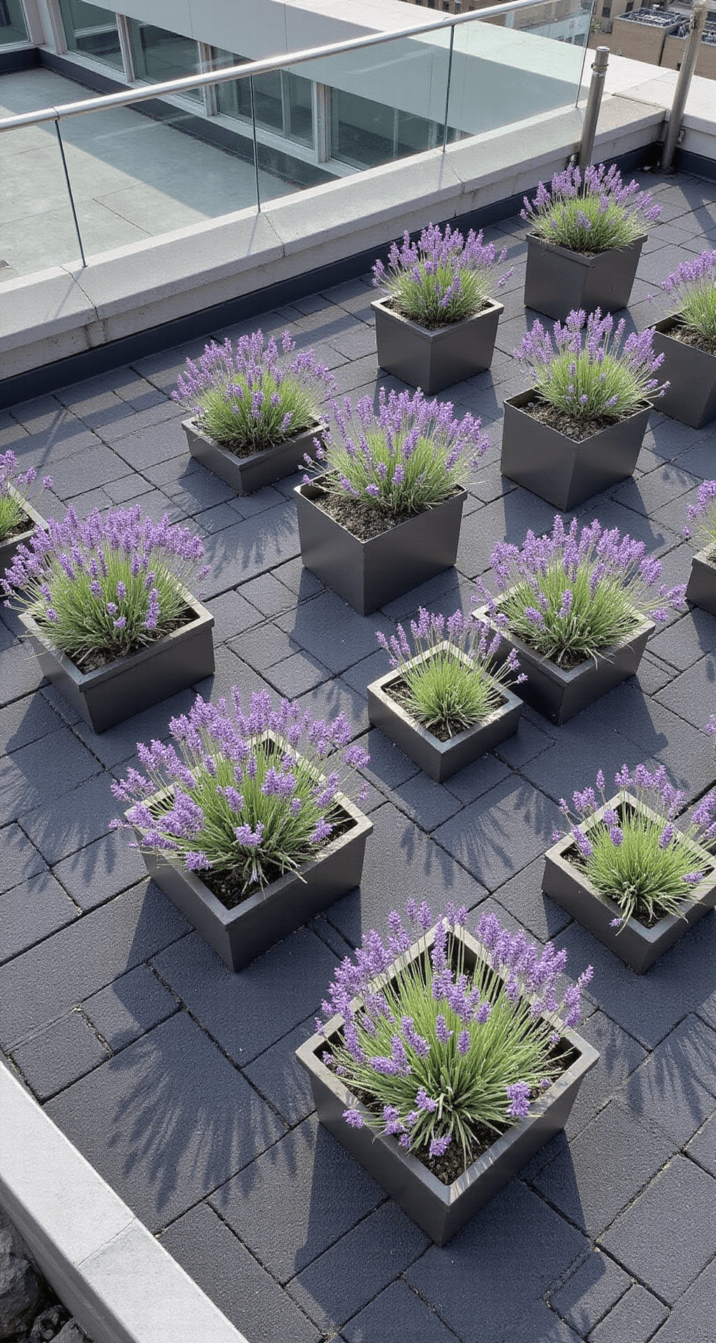A contemporary urban rooftop garden features geometric steel planters filled with manicured lavender balls, surrounded by minimalist concrete seating. Charcoal gray decking provides a striking contrast to the purple and silver foliage, while a glass balustrade reflects city views. The image is shot from a corner angle, showcasing the grid pattern and architectural elements in bright, even lighting.