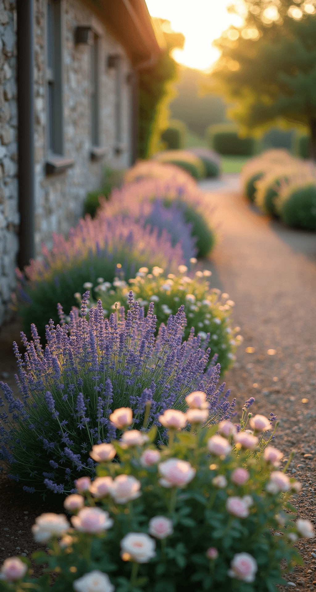 A lush floral border featuring English lavender interspersed with soft pink and cream David Austin roses, framed by silver artemisia and ornamental grasses. A gravel path runs alongside, with a weathered stone wall in the background, all illuminated by a dreamy golden afternoon light.