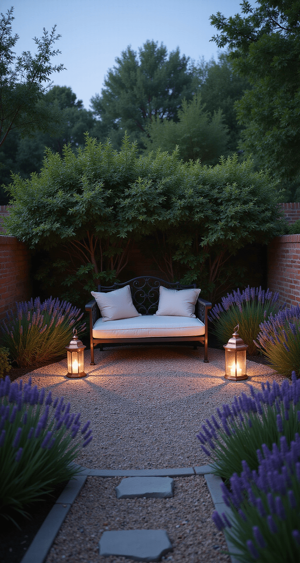 Intimate 12x12ft garden room at dusk featuring a circular gravel patio surrounded by chest-high lavender. A vintage iron daybed with linen cushions is centered in the space, illuminated by the warm glow of copper lanterns. The scene captures a cozy atmosphere with moody evening lighting and the soothing scent of lavender in the air.