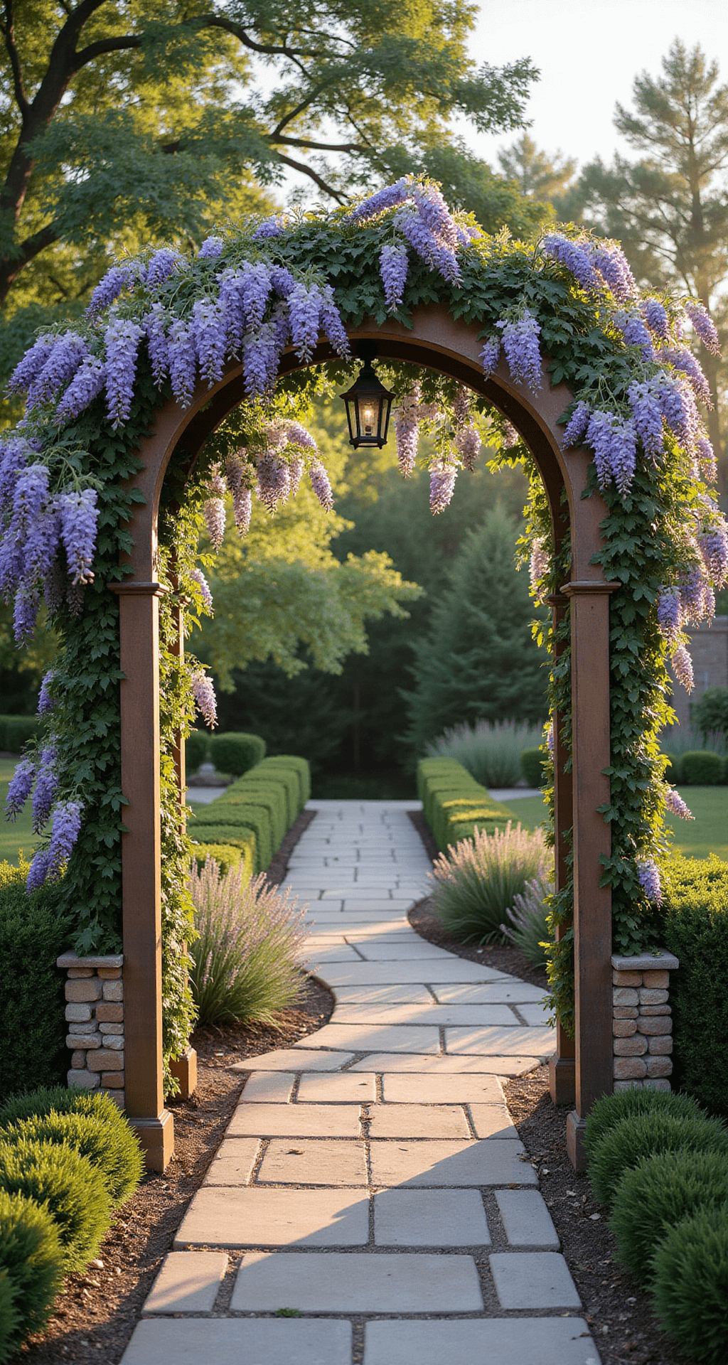 A grand garden entrance featuring a weathered copper arch draped in purple wisteria and white climbing roses, leading to a winding stone pathway flanked by lavender bushes, captured at golden hour with soft evening light and dreamy bokeh effect.