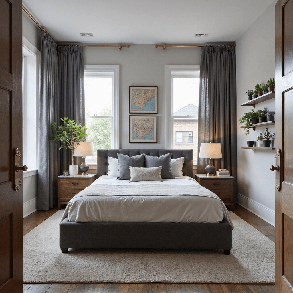 Bedroom Ideas for Men: Design a Sophisticated Sanctuary That Screams Success Luxurious master bedroom featuring a charcoal linen upholstered bed, walnut nightstands with marble tops, floor-to-ceiling windows with steel gray curtains, potted succulents on floating shelves, and a gallery wall of vintage maps in modern frames, all bathed in natural light and warm accent lighting.