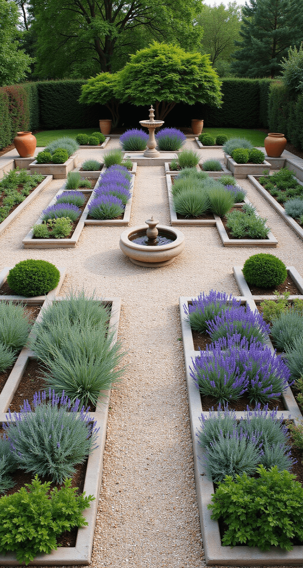 A bird's eye view of a formal Mediterranean herb garden featuring raised limestone beds arranged in a classical pattern, filled with lavender, rosemary, and thyme. A central fountain serves as a focal point, while gravel paths separate the beds and terracotta pots mark the corners, all illuminated by crisp morning light at 9am.