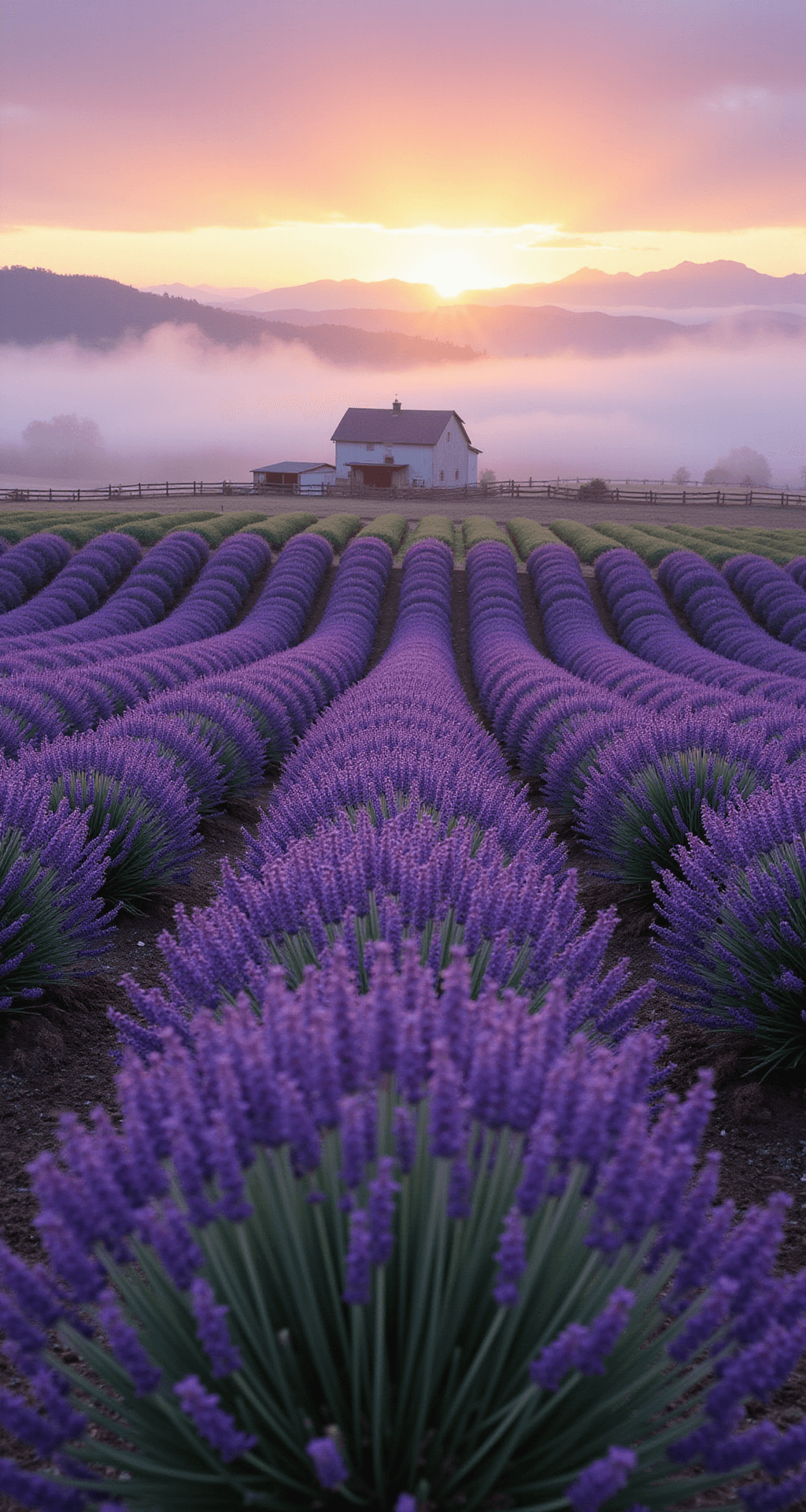 A serene dawn at a lavender farm with endless rows of purple blooms shrouded in morning mist, a rustic wooden fence and distant barn in view, with silhouetted mountains in the background and ethereal lighting enhancing the scene.
