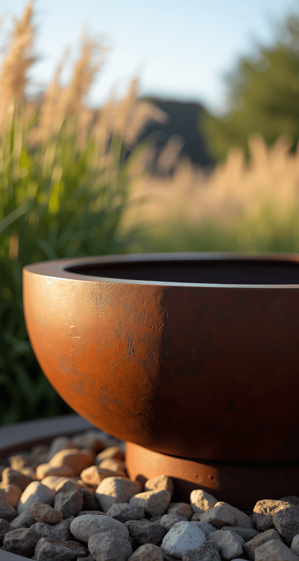 Close-up view of a Corten steel fire pit with a developing patina, surrounded by tall ornamental grasses in late afternoon sunlight. The pit features a floating glass wind guard and a river rock base, with dynamic shadows and highlighted textures.