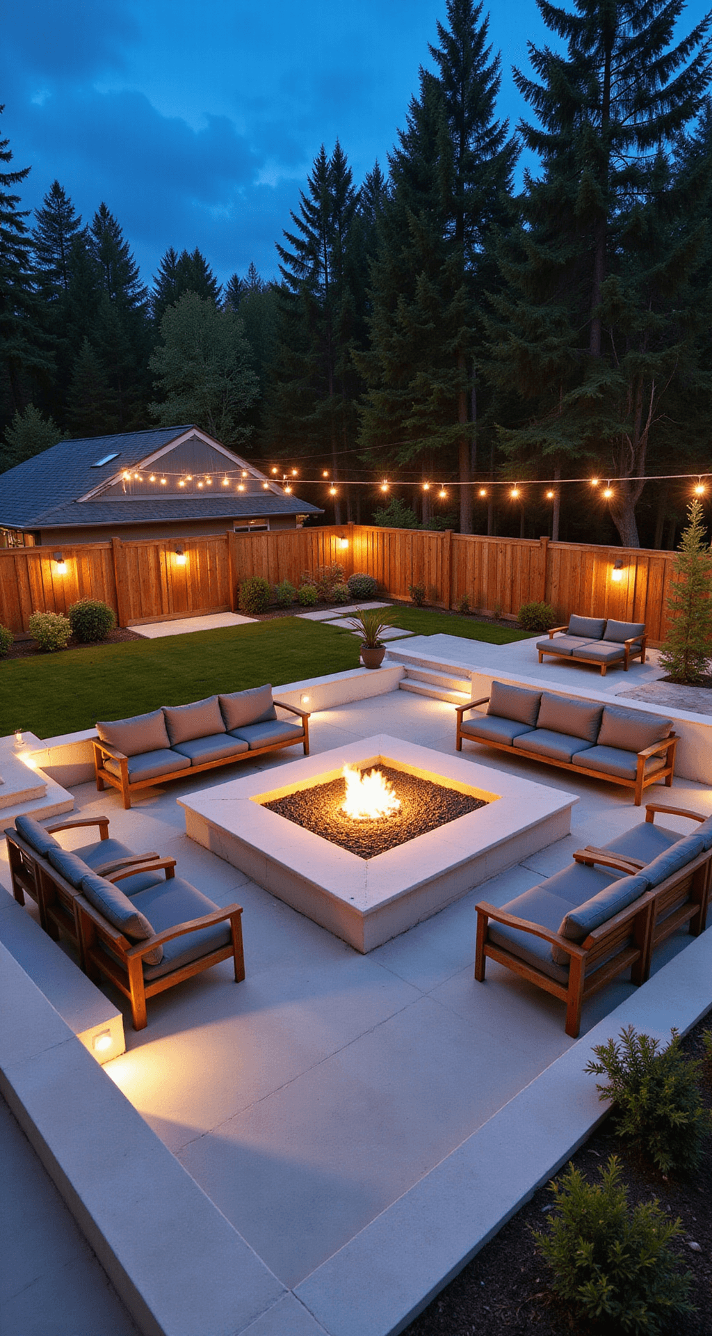 Wide-angle view of a multi-level terrace featuring a square glass-enclosed fire pit at its center, surrounded by cascading white concrete steps leading to a lower seating area with modern teak sectionals, illuminated by overhead string lights during the evening blue hour.