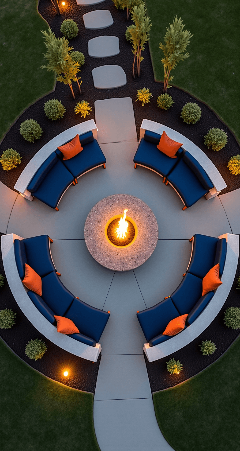 Overhead drone shot of a circular fire pit lounge with built-in concrete seating, featuring a brushed stainless steel fire element with a floating granite top, surrounded by midnight blue cushions and copper accent pillows, captured at golden hour with long shadows and ambient landscape lighting.