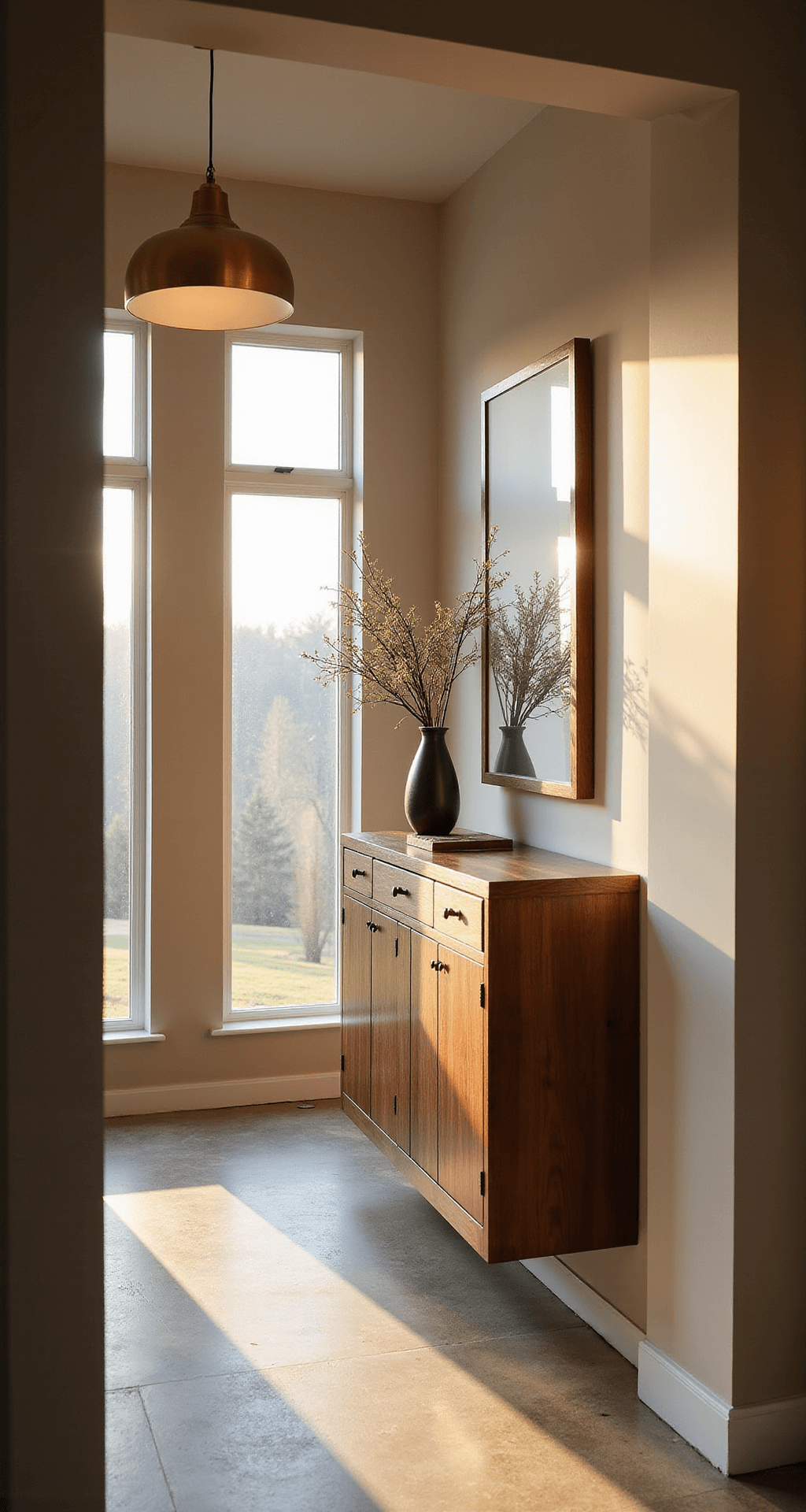 Small Entryway Ideas: Transform Your Tiny Space into a Stylish Welcome Zone A serene entryway nook featuring a walnut veneer floating console with hidden drawers, illuminated by warm golden hour light from side windows and a brushed brass pendant light above.