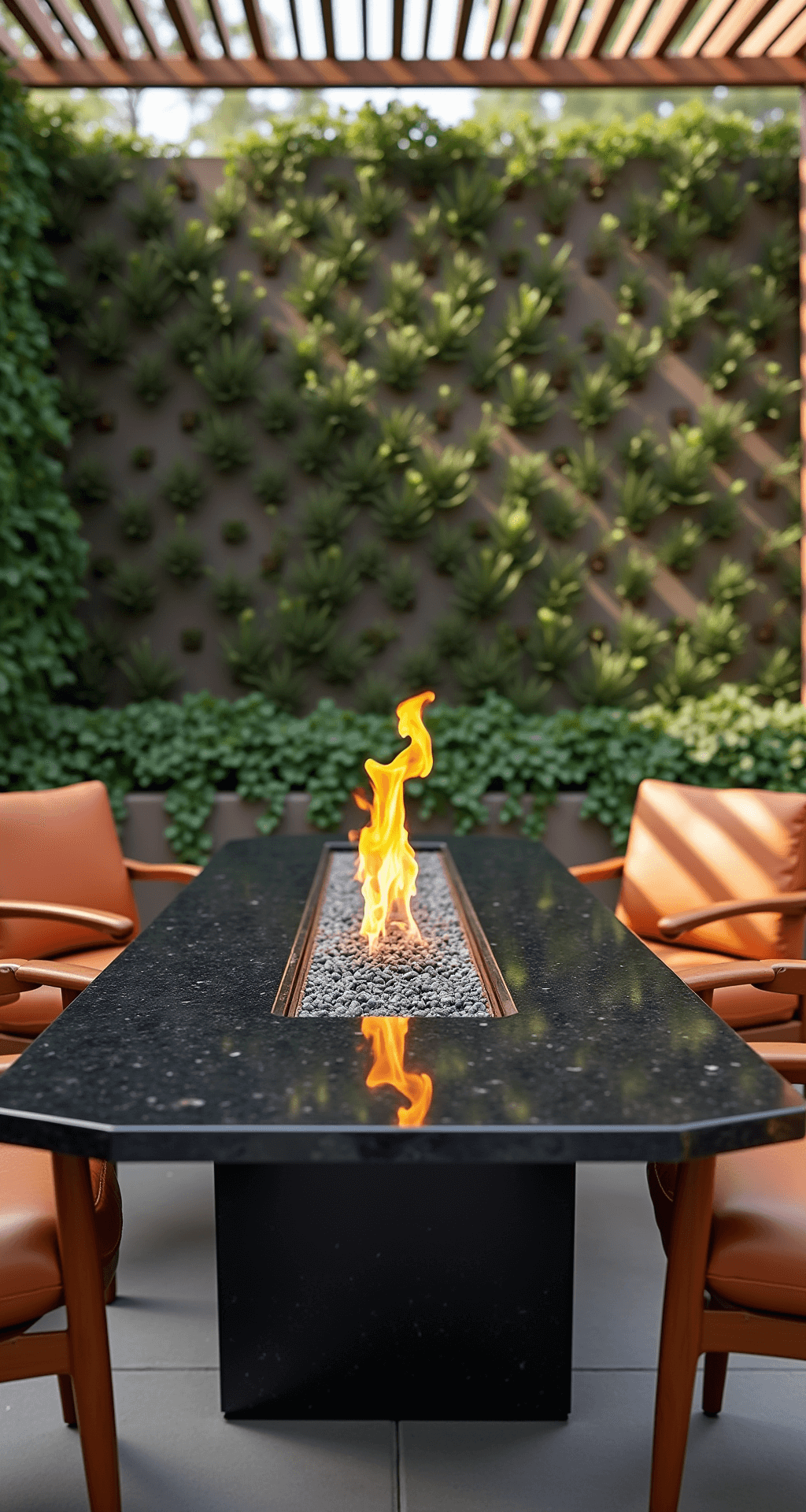 An eye-level view of a modern fire table with a black granite top and linear flames, surrounded by mid-century modern cognac leather chairs, set against a backdrop of vertical succulents. Soft afternoon light filters through pergola slats, casting dramatic shadows, with a shallow depth of field focusing on the flickering flames.