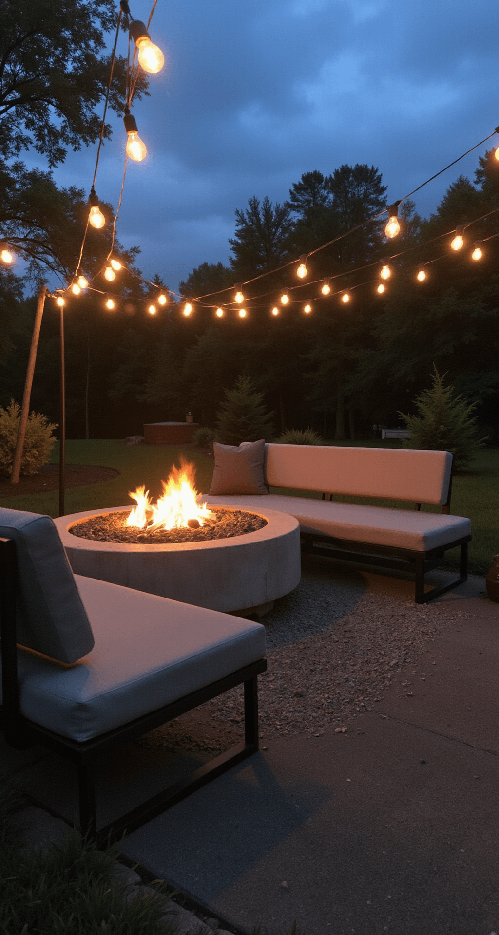 Dramatic dusk scene featuring a 5' diameter DIY concrete fire pit surrounded by floating bench seating, industrial metal accents, and a raw concrete finish, illuminated by hanging Edison bulbs, with a low camera angle highlighting the fire's warm glow against the cool evening light.